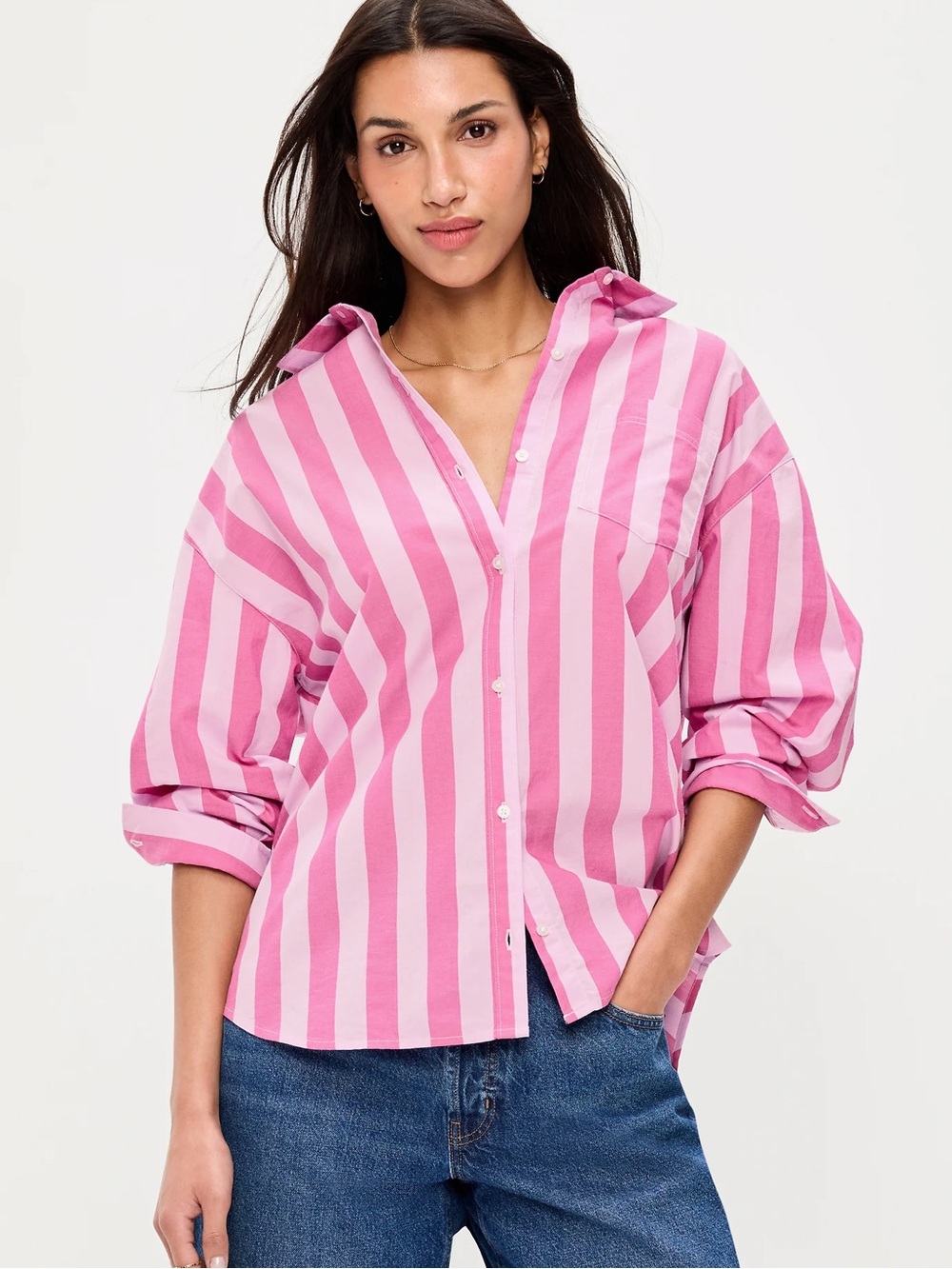 Old Navy Women Relaxed Oversized Pink Stripe Button-Down Boyfriend Shirt Medium